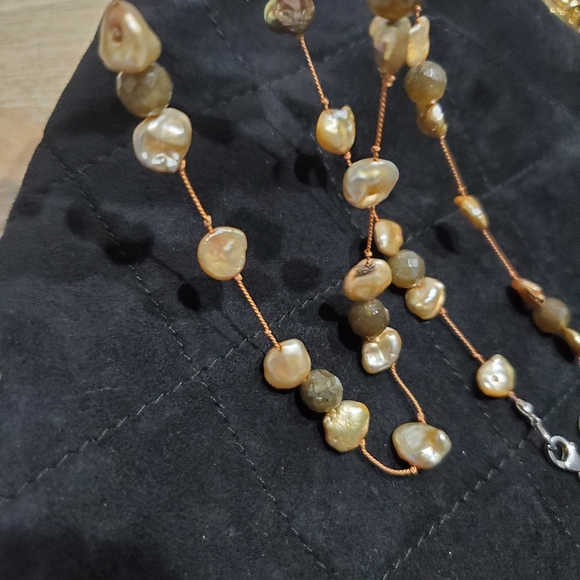 Labradorite Champagne Pearl Beads Sterling Silver Clasp Long 30" Necklace - Picture 4 of 10